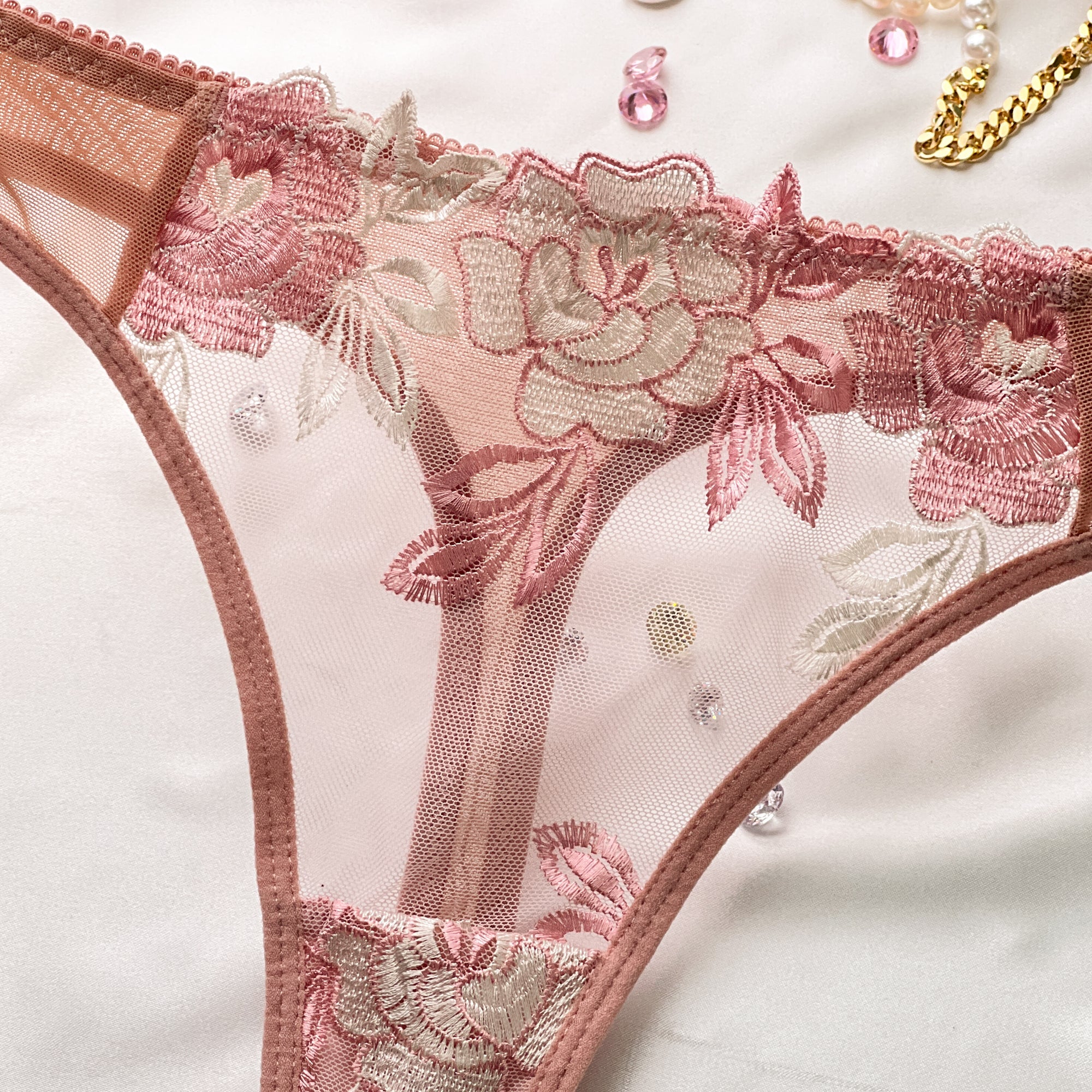 White Flower Embroidery Mesh Thong Lingerie Underwear