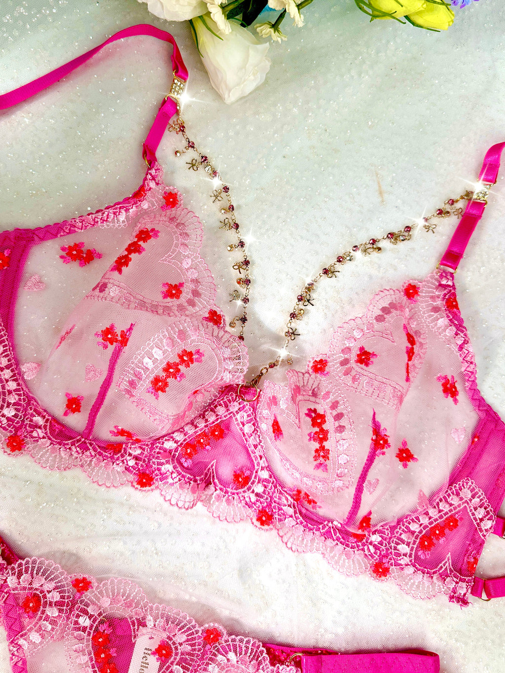 Pink Heart-Embellished Sheer Lingerie Set