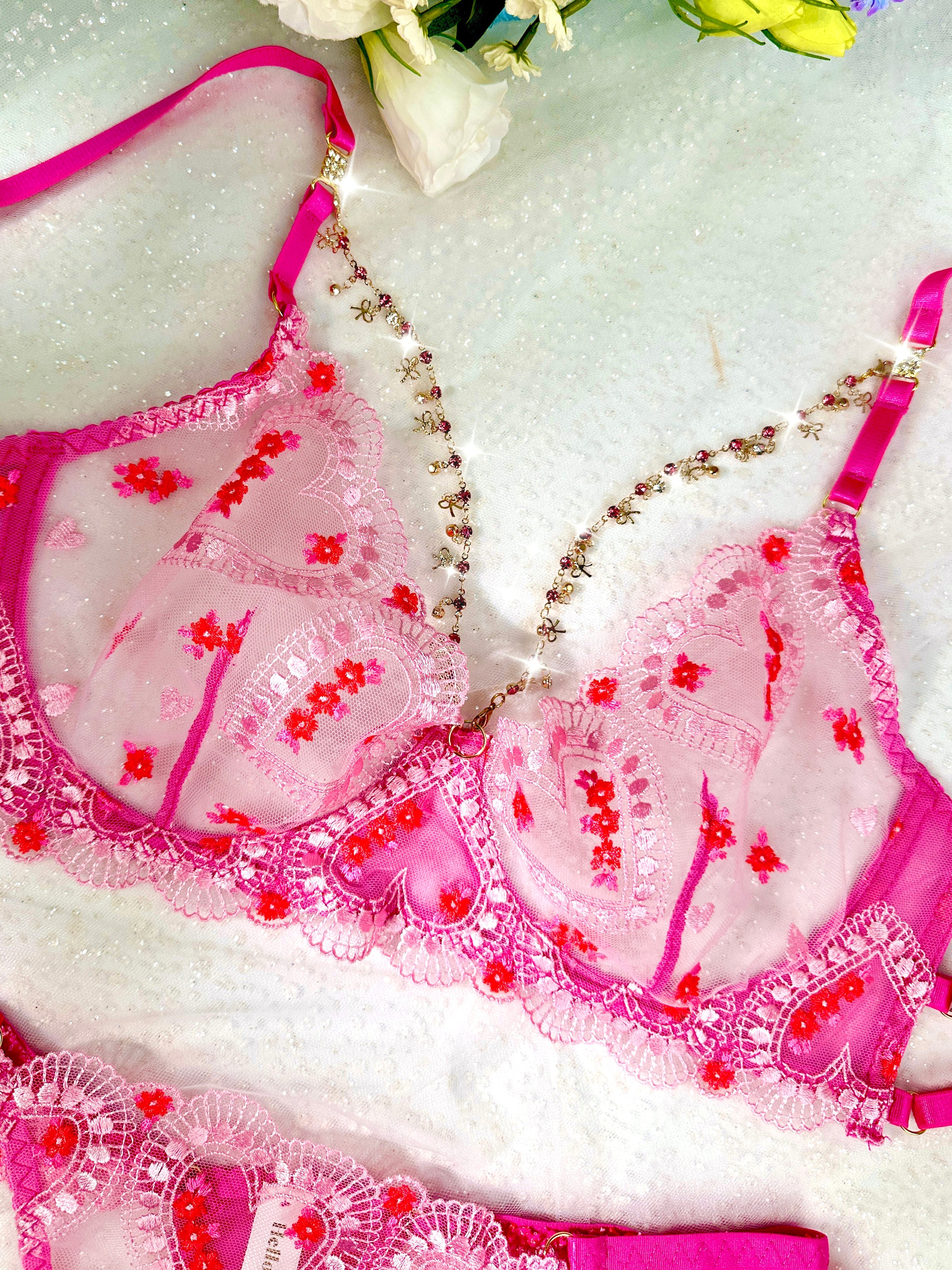 Pink Heart-Embellished Sheer Lingerie Set