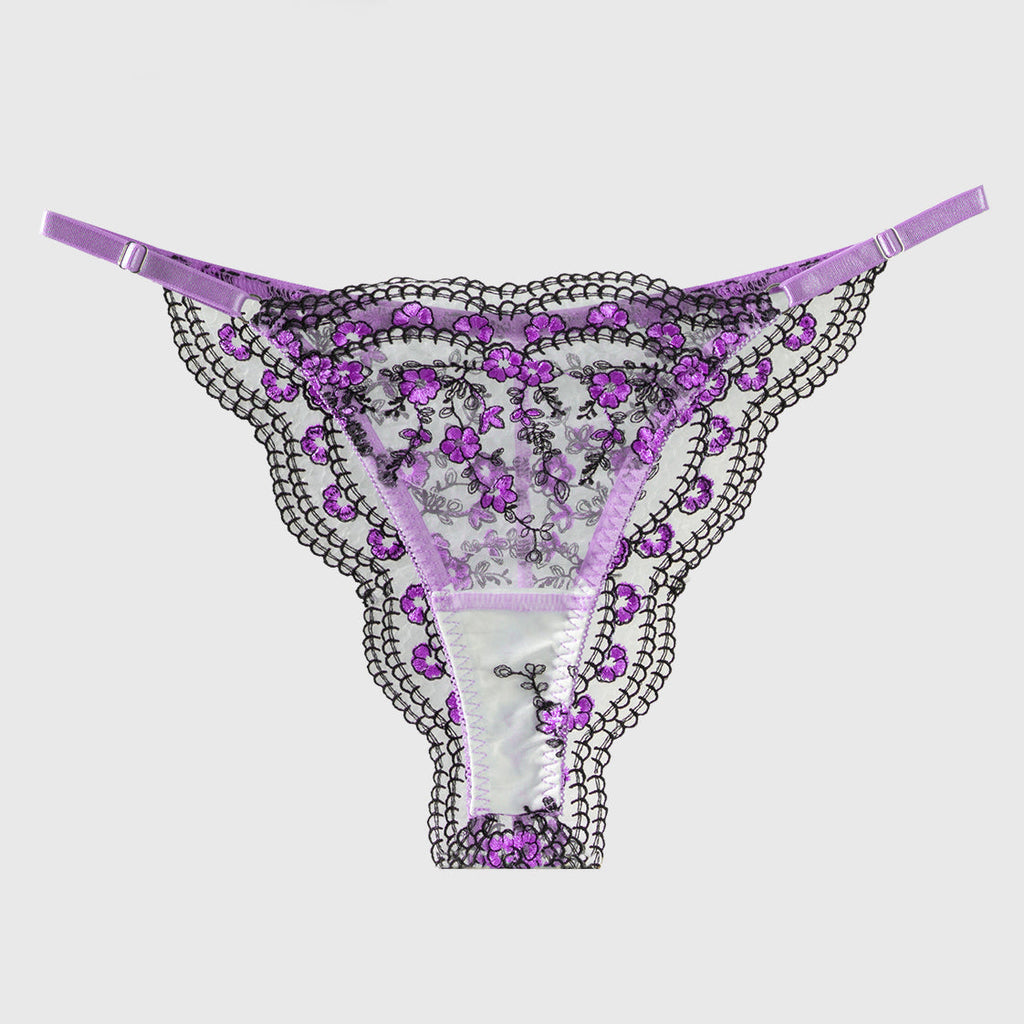 Purple /Blue Flowers Embroidery Black Trimmed Thong
