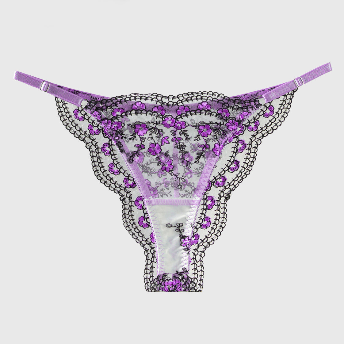 Purple /Blue Flowers Embroidery Black Trimmed Thong