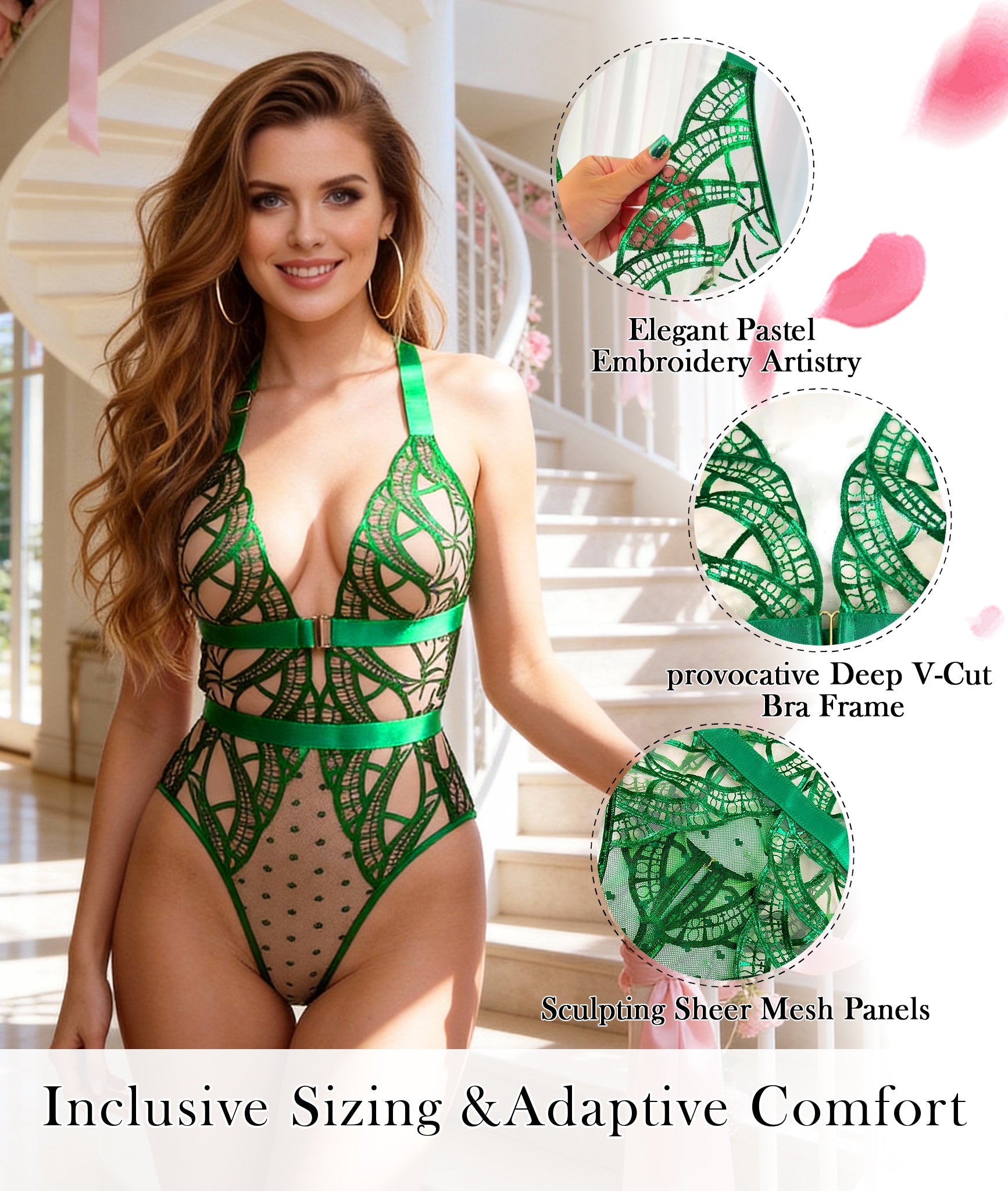 Green Foil Lace Seductive Sheer Bodysuit