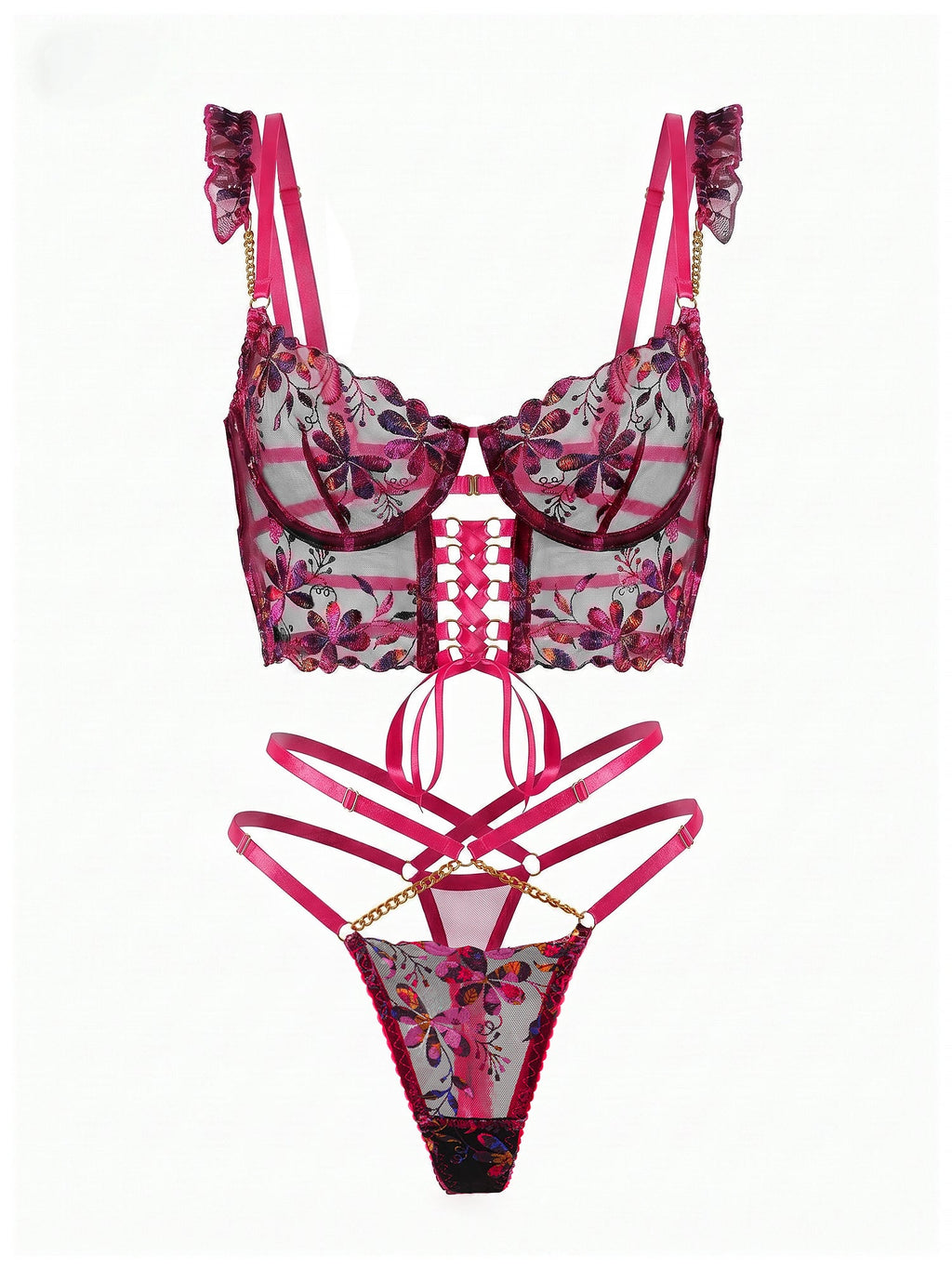 Barbiecore Sheer Floral Chain Accent Lingerie Set