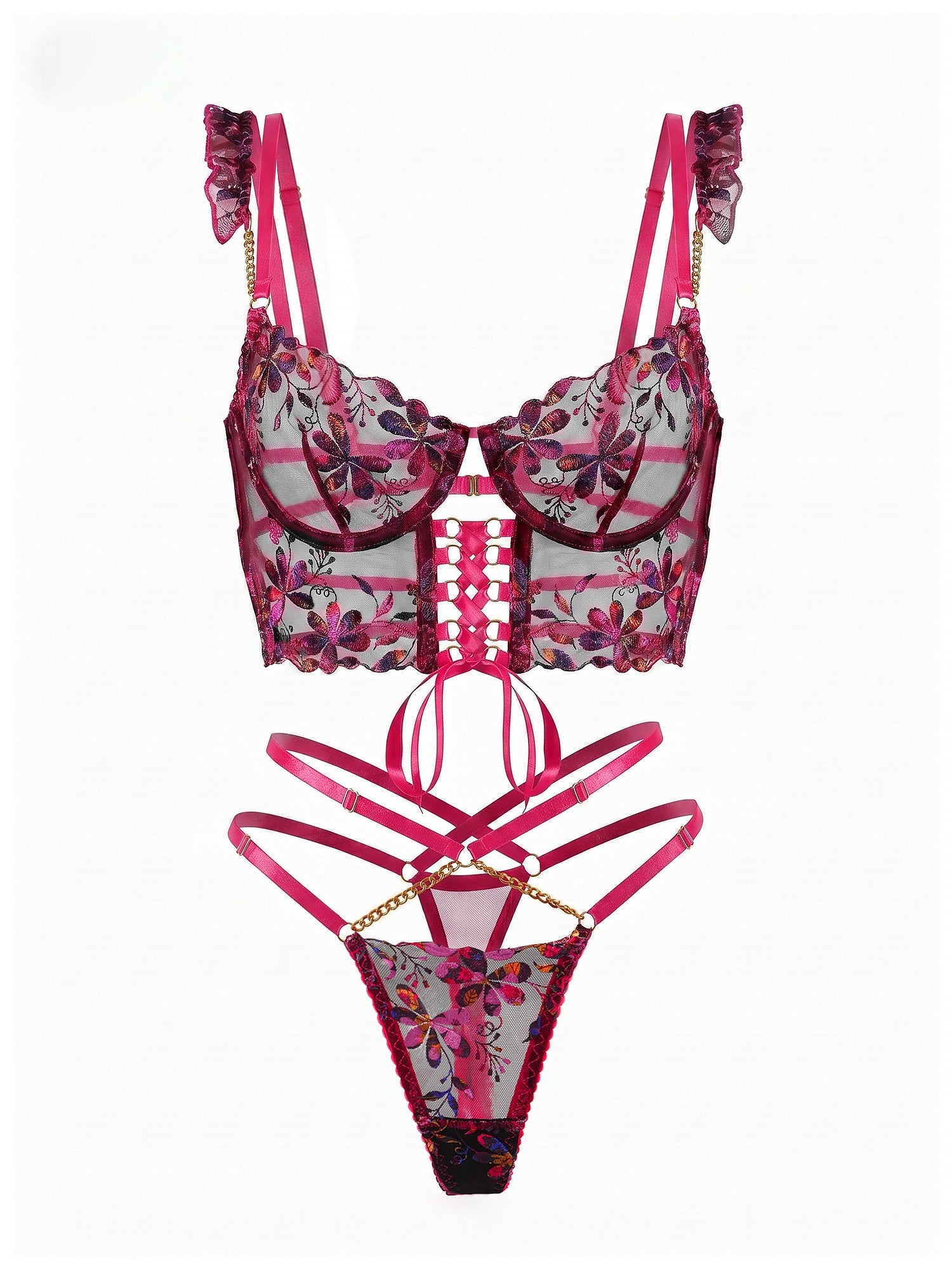 Barbiecore Sheer Floral Chain Accent Lingerie Set