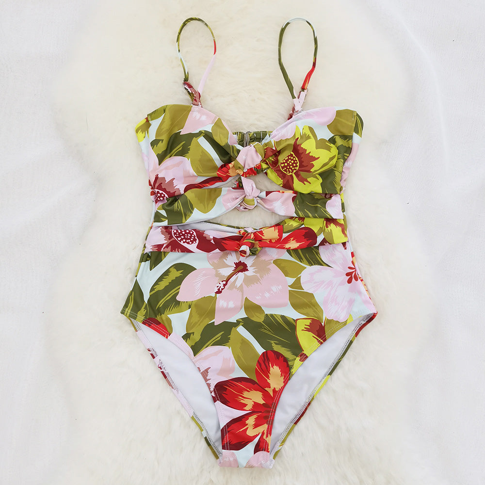 Blooming Floral Print Tie Front Tube One-piece Swimsuit