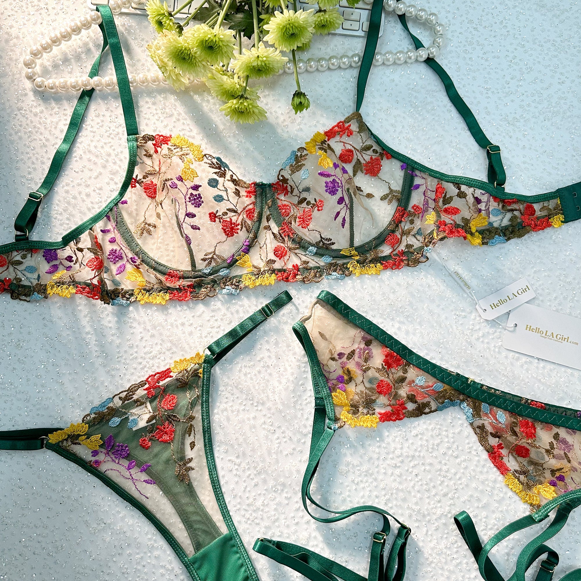 Enchanted Garden Sheer Floral Embroidery Lingerie Set