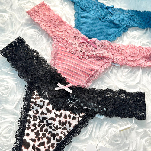 3 Pack T Back Lace Low Waist Cotton Seamless Thongs