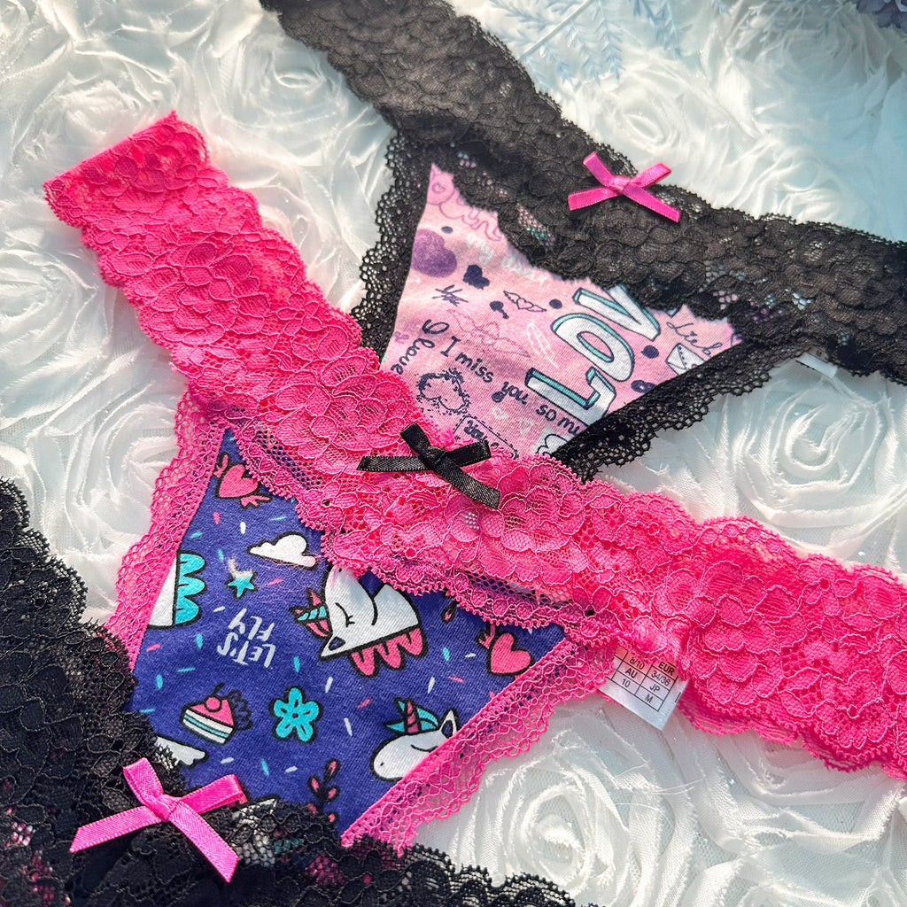 Cartoon Print T Back Lace Low Waist Cotton Seamless 3 Pack Thongs