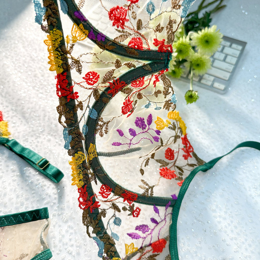 Enchanted Garden Sheer Floral Embroidery Lingerie Set