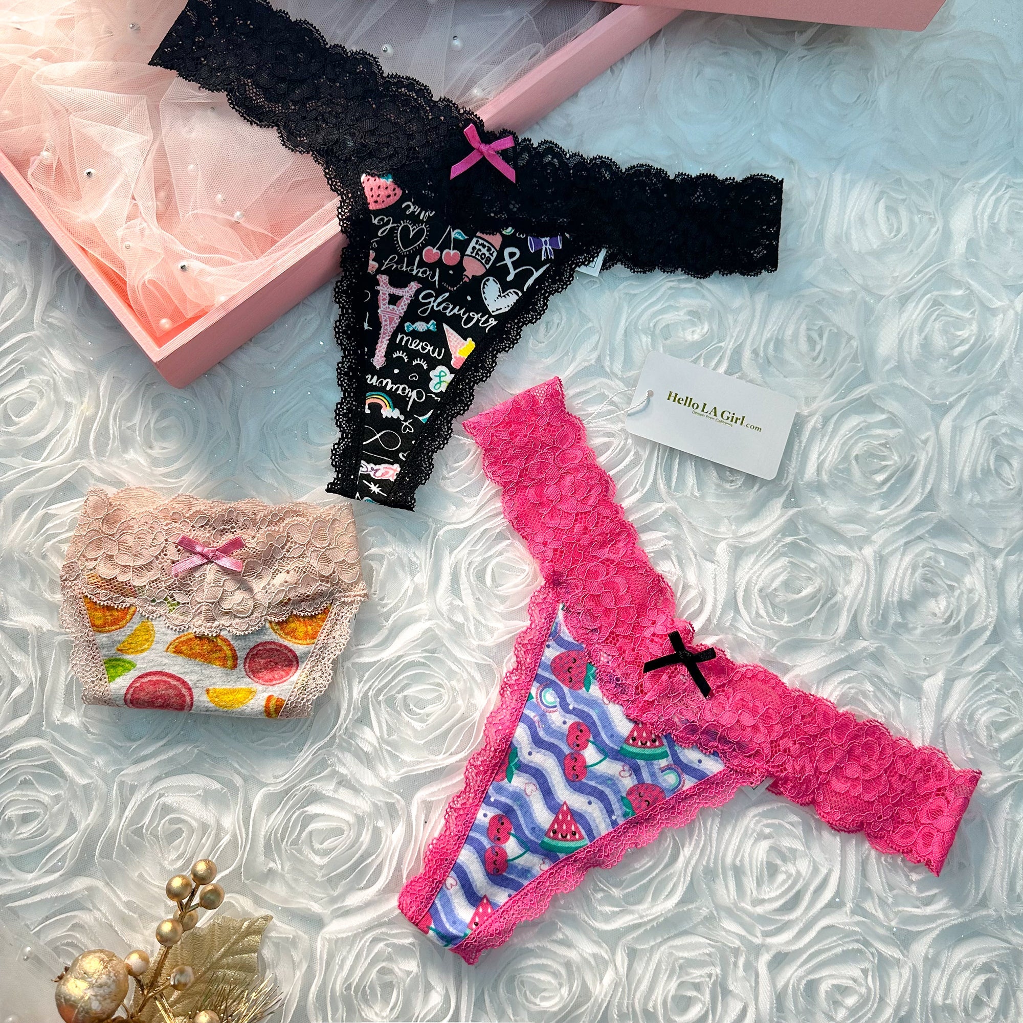 Fruit Print T Back Lace Low Waist Cotton Seamless 3 Pack Thongs