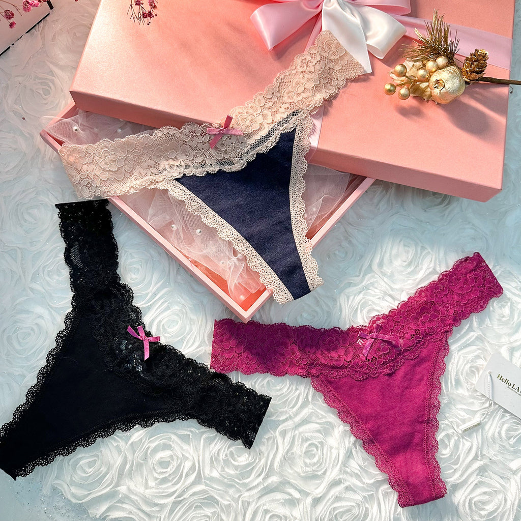 Solid Color T Back Lace Low Waist Cotton Seamless 3 Pack Thongs
