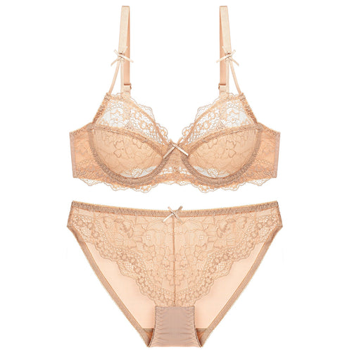 Apricot Mesh Lace Trim Underwire Bra Lingerie