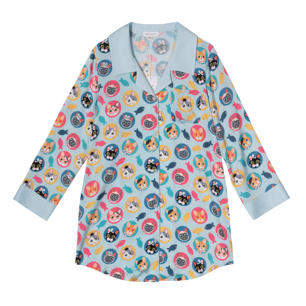 Cats Print Blue Sleep Shirt Silky Satin Pajamas Sleepshirt