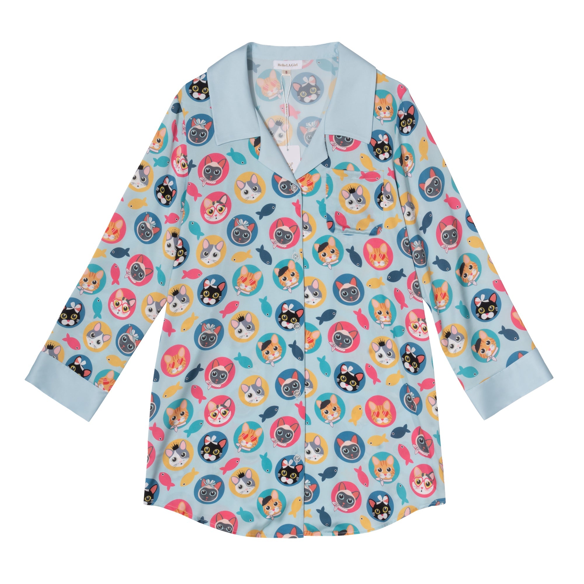 Cats Print Blue Sleep Shirt Silky Satin Pajamas Sleepshirt