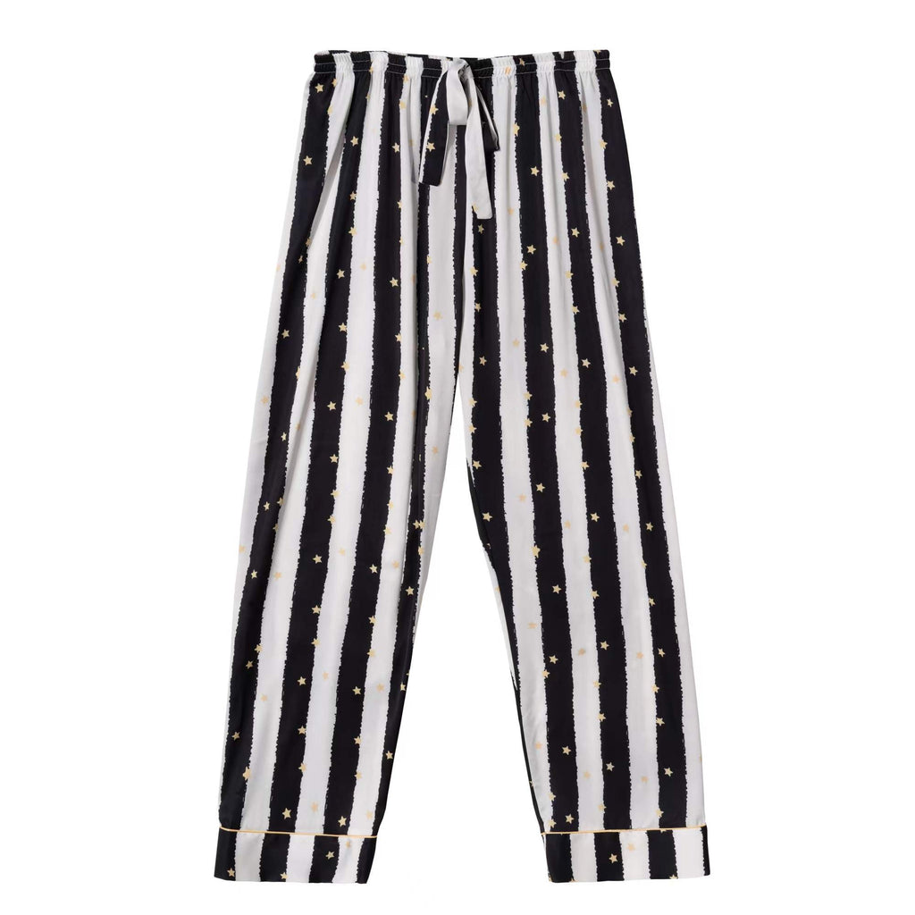 Black Stripe Golde Stars Print Silky Satin Pajamas Set