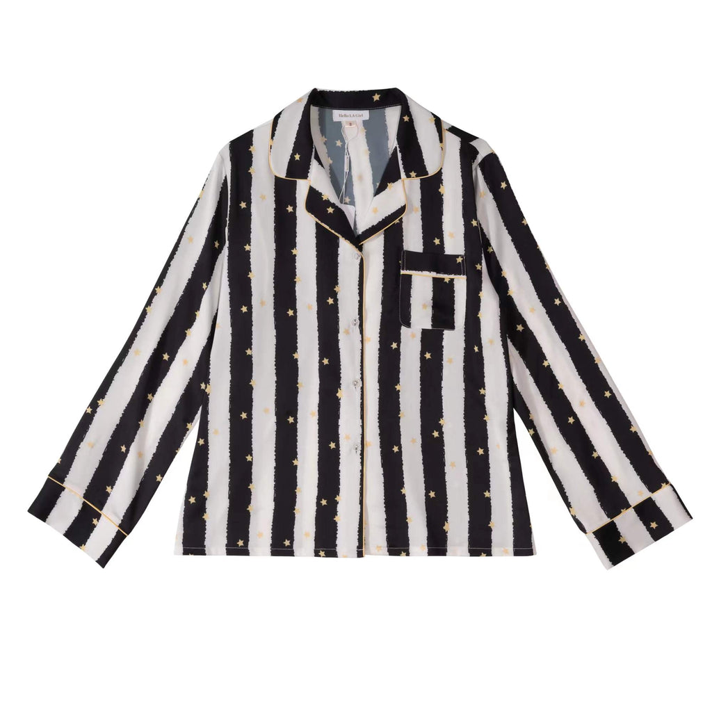 Black Stripe Golde Stars Print Silky Satin Pajamas Set
