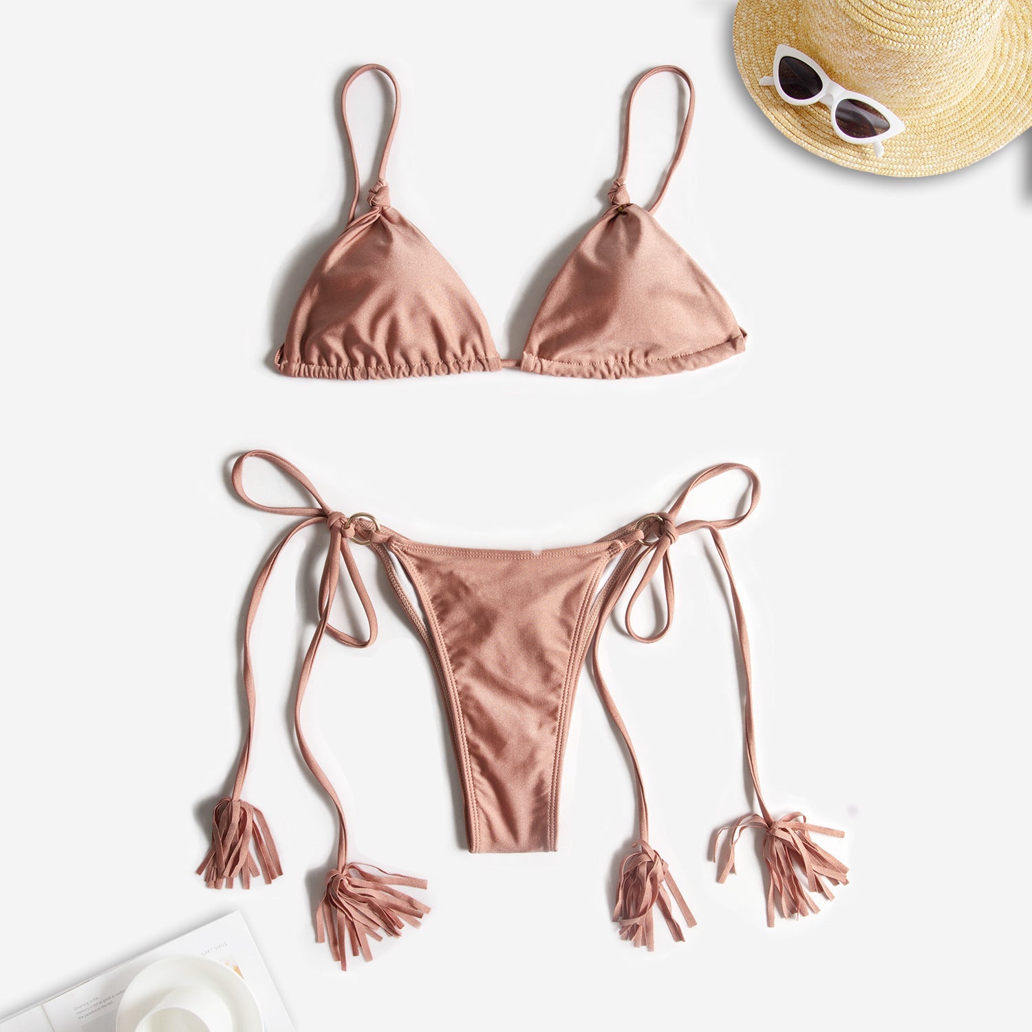 Pink Lace Up Triangle Bikini Set