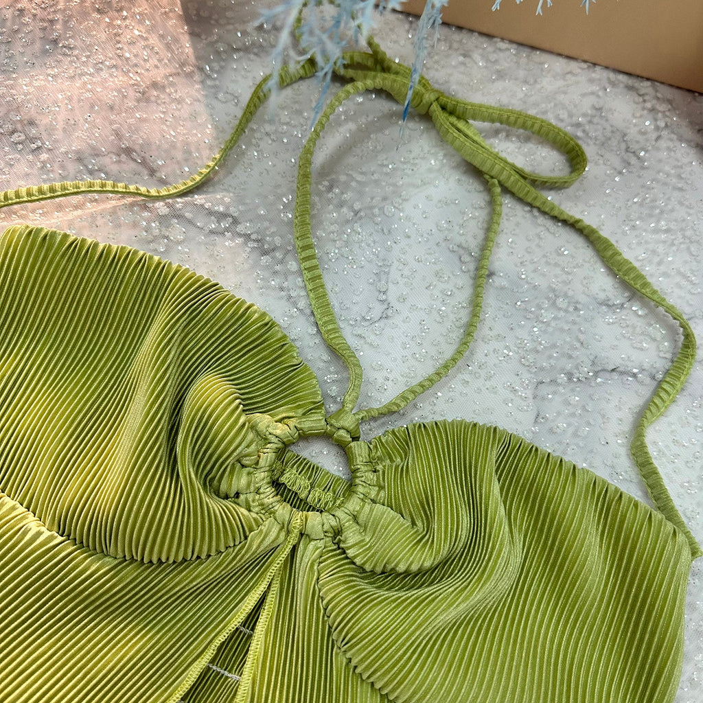Green Halter Criss Cross Bandage Lace Up Backless Crop Top