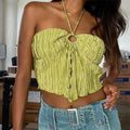 Green Halter Criss Cross Bandage Lace Up Backless Crop Top