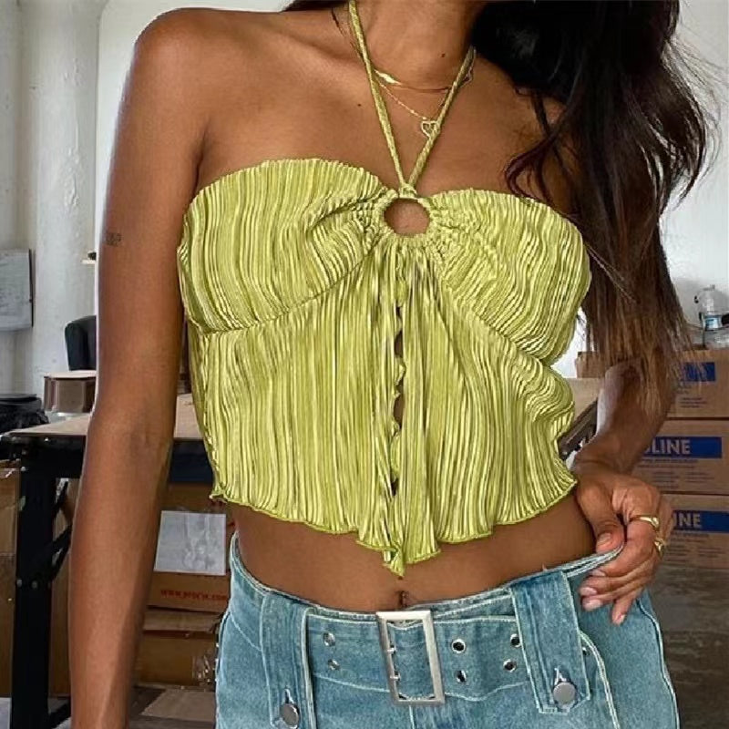 Green Halter Criss Cross Bandage Lace Up Backless Crop Top