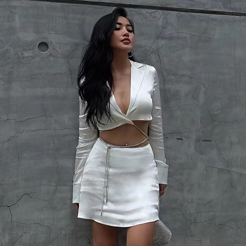 White Satin Silver Diamond Crop Top