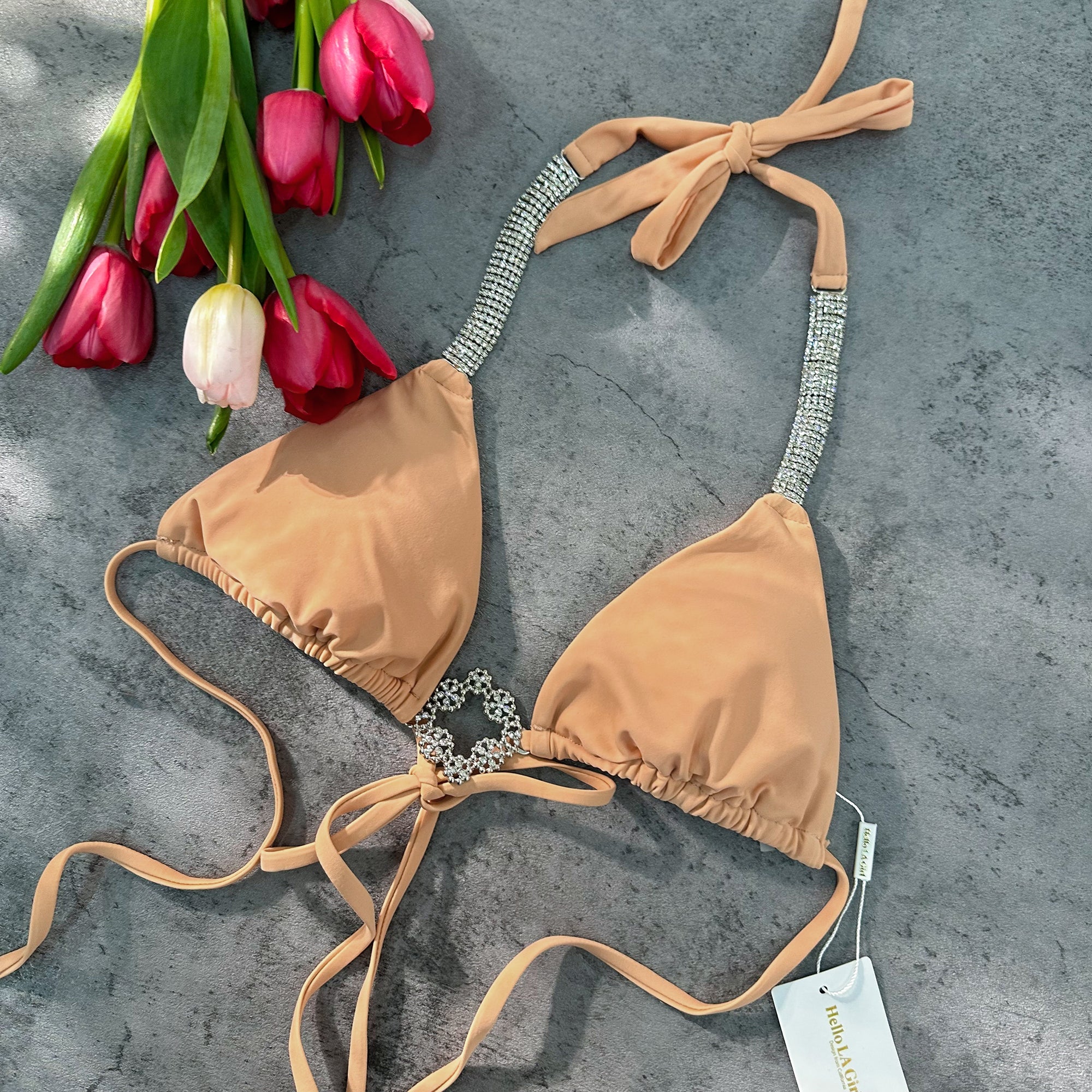 Apricot Luxury Rhinestone Ruched Bottom Solid Halter bikini Set