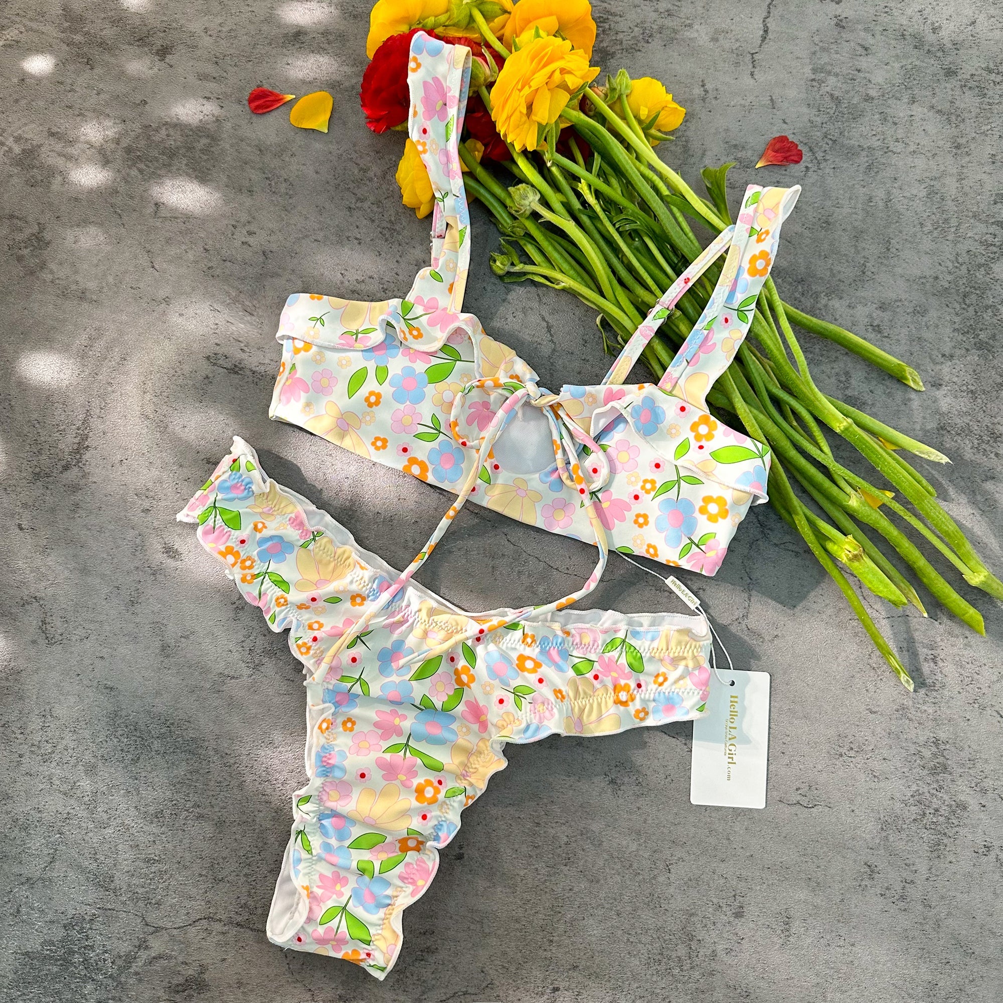 Colored Digital Printing Lace Push Up Hollow Bikini Set