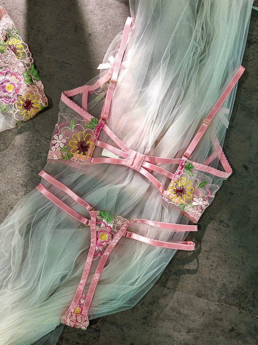 Pink Floral Embroidery  Lingerie Set
