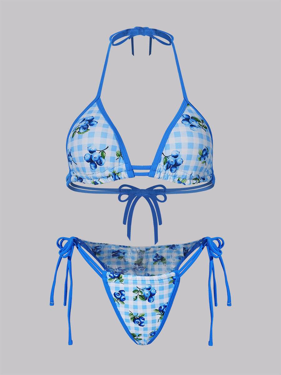 Blue Blueberry Print Double Fabric Bikini Set