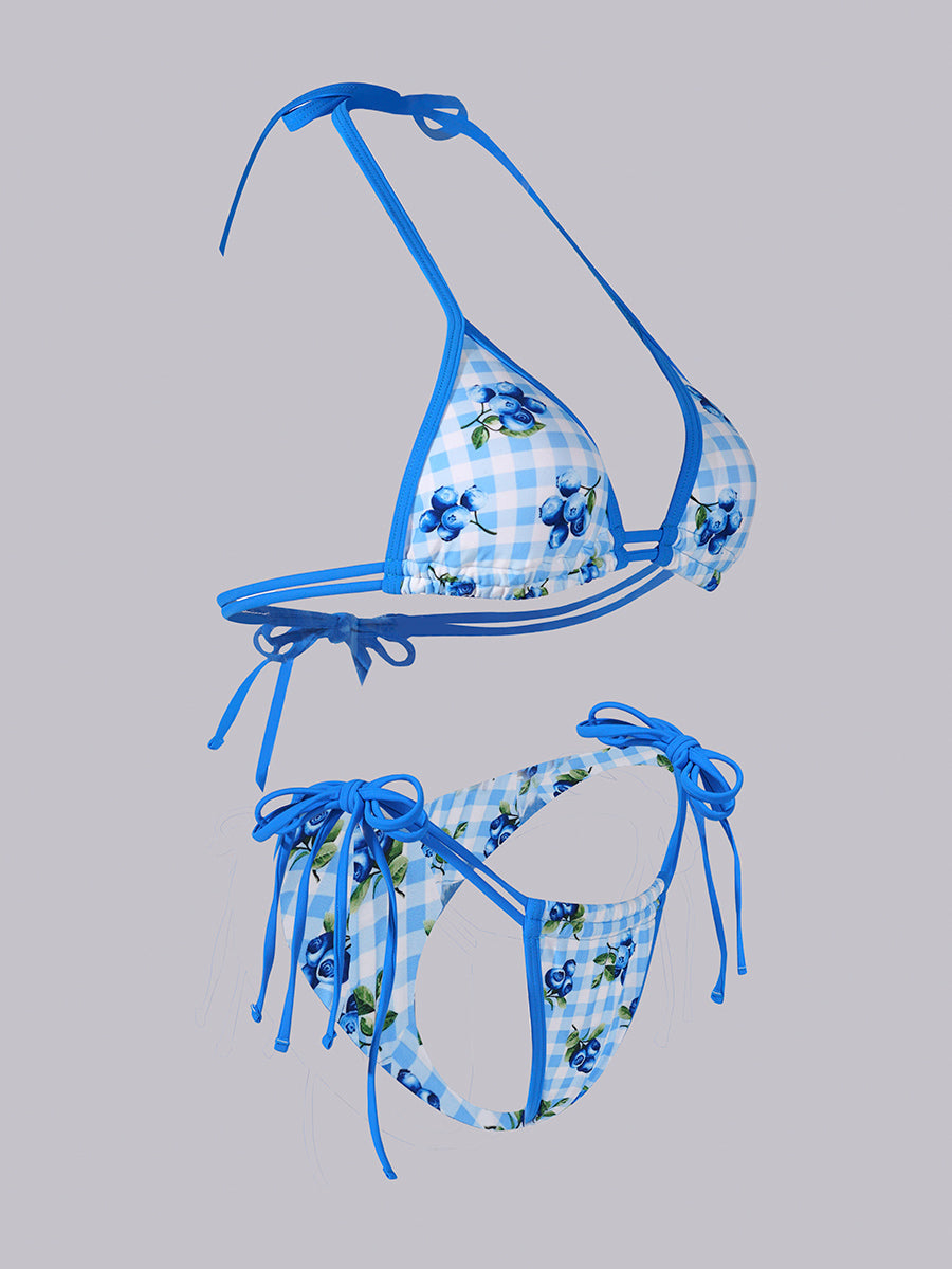 Blue Blueberry Print Double Fabric Bikini Set