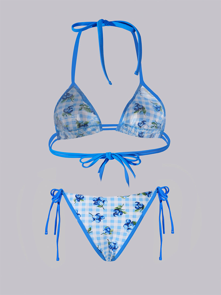 Blue Blueberry Print Double Fabric Bikini Set