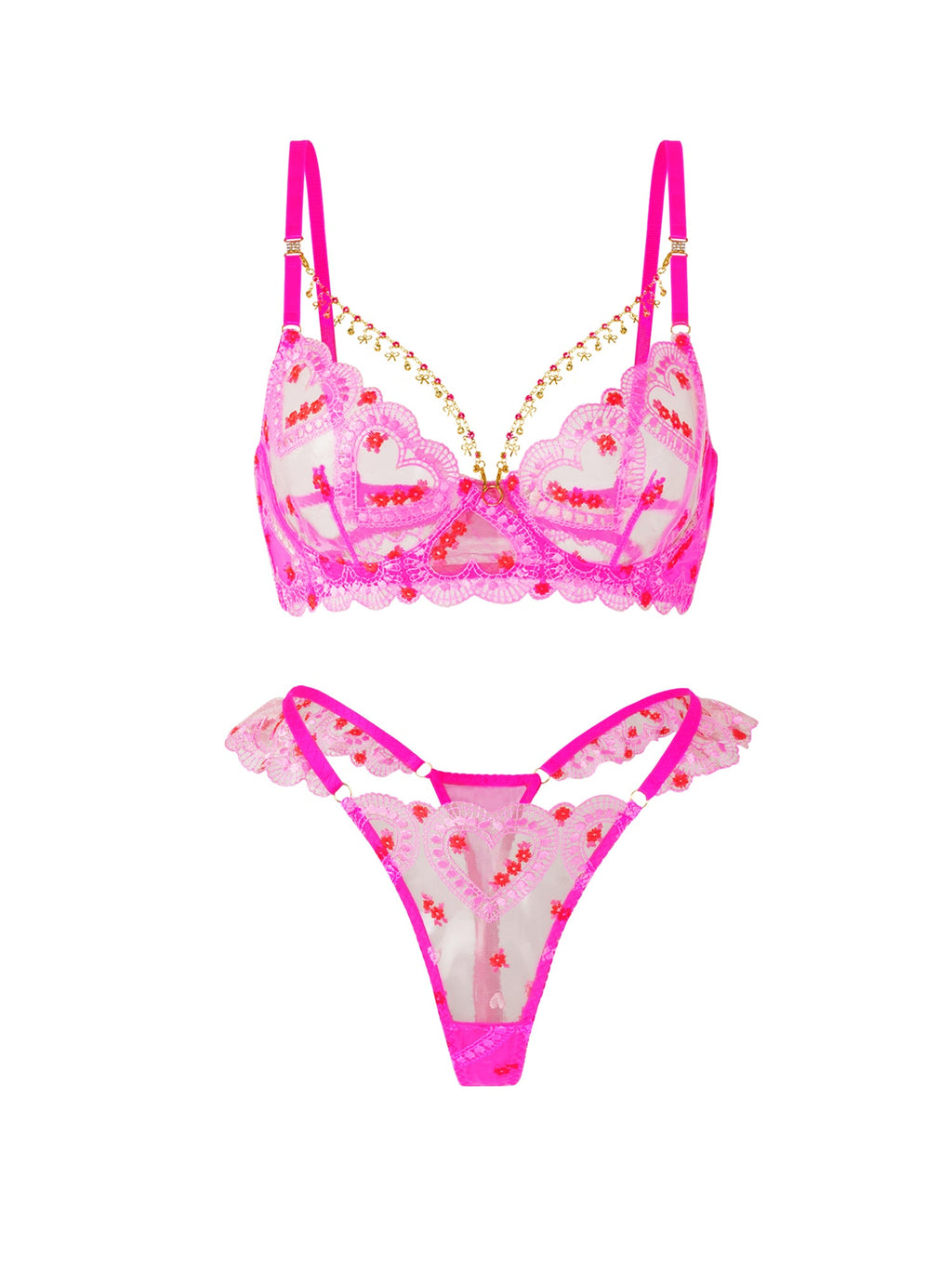 Pink Heart-Embellished Sheer Lingerie Set