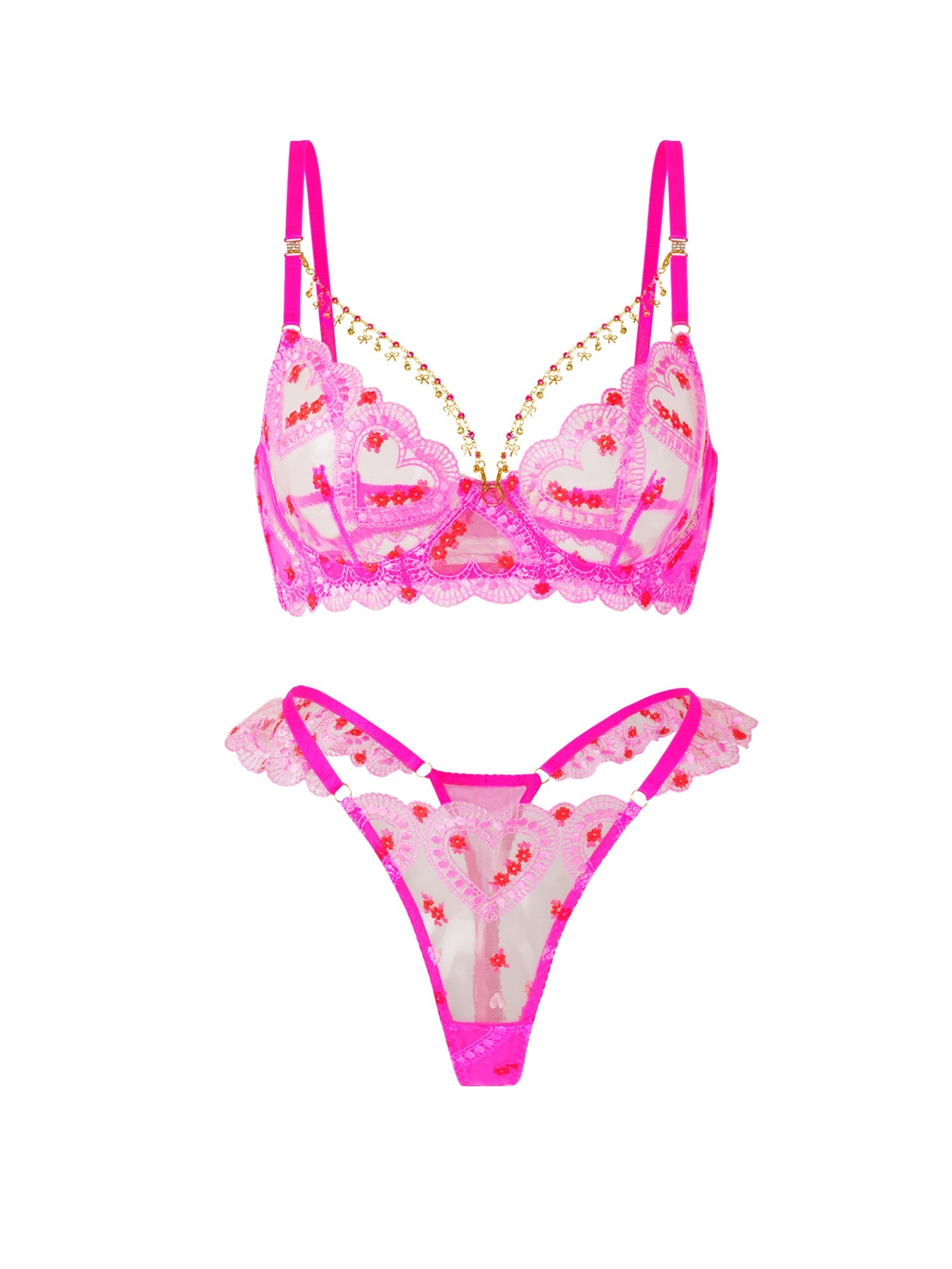Pink Heart-Embellished Sheer Lingerie Set