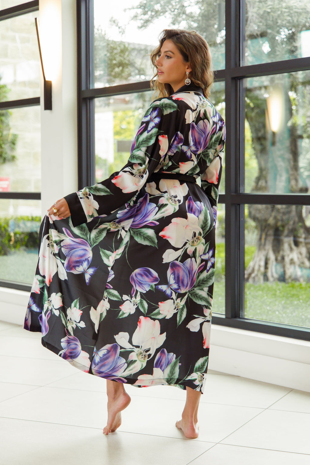 Purple Flower Print Silky Satin Robe With Belt