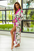 Pink Flower Print Purple Silky Satin Robe With Belt