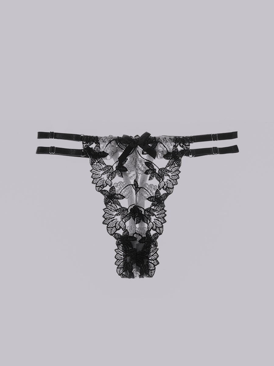 Black Floral Embroidered Mesh Sheer Thong