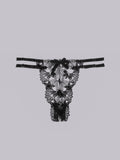 Black Floral Embroidered Mesh Sheer Thong