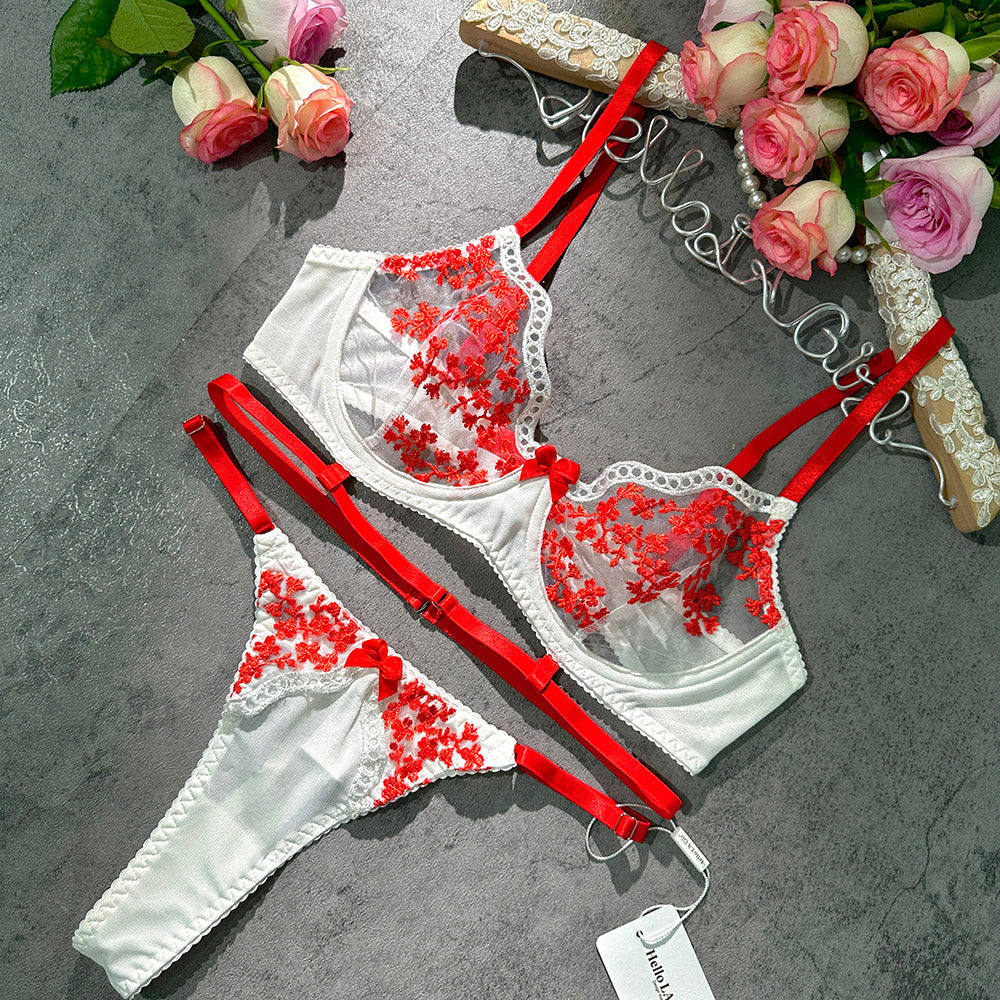 Scarlet Floral Embroidery Sheer Lingerie Set