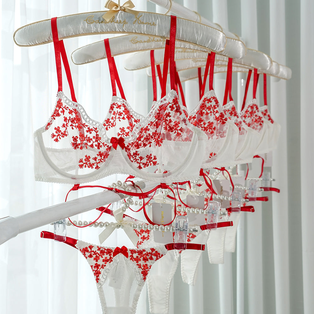 Scarlet Floral Embroidery Sheer Lingerie Set
