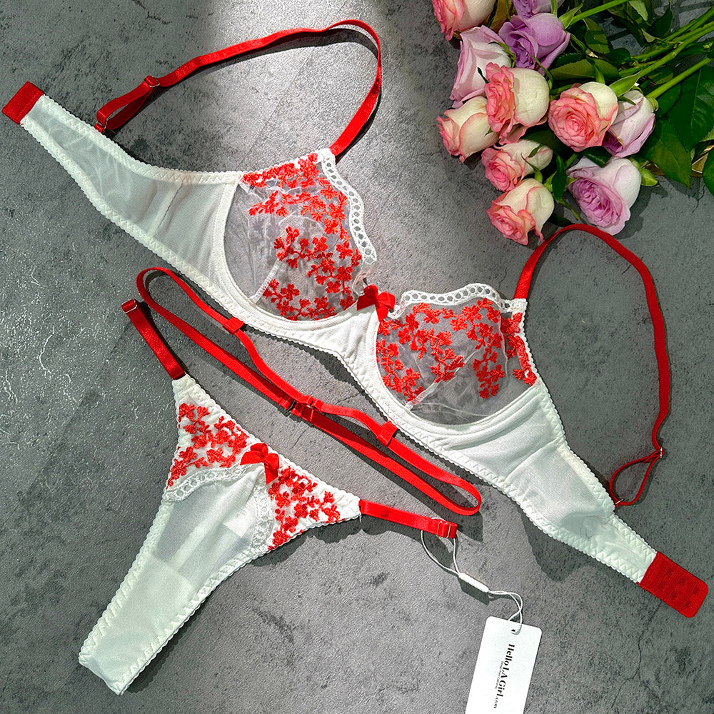 Scarlet Floral Embroidery Sheer Lingerie Set