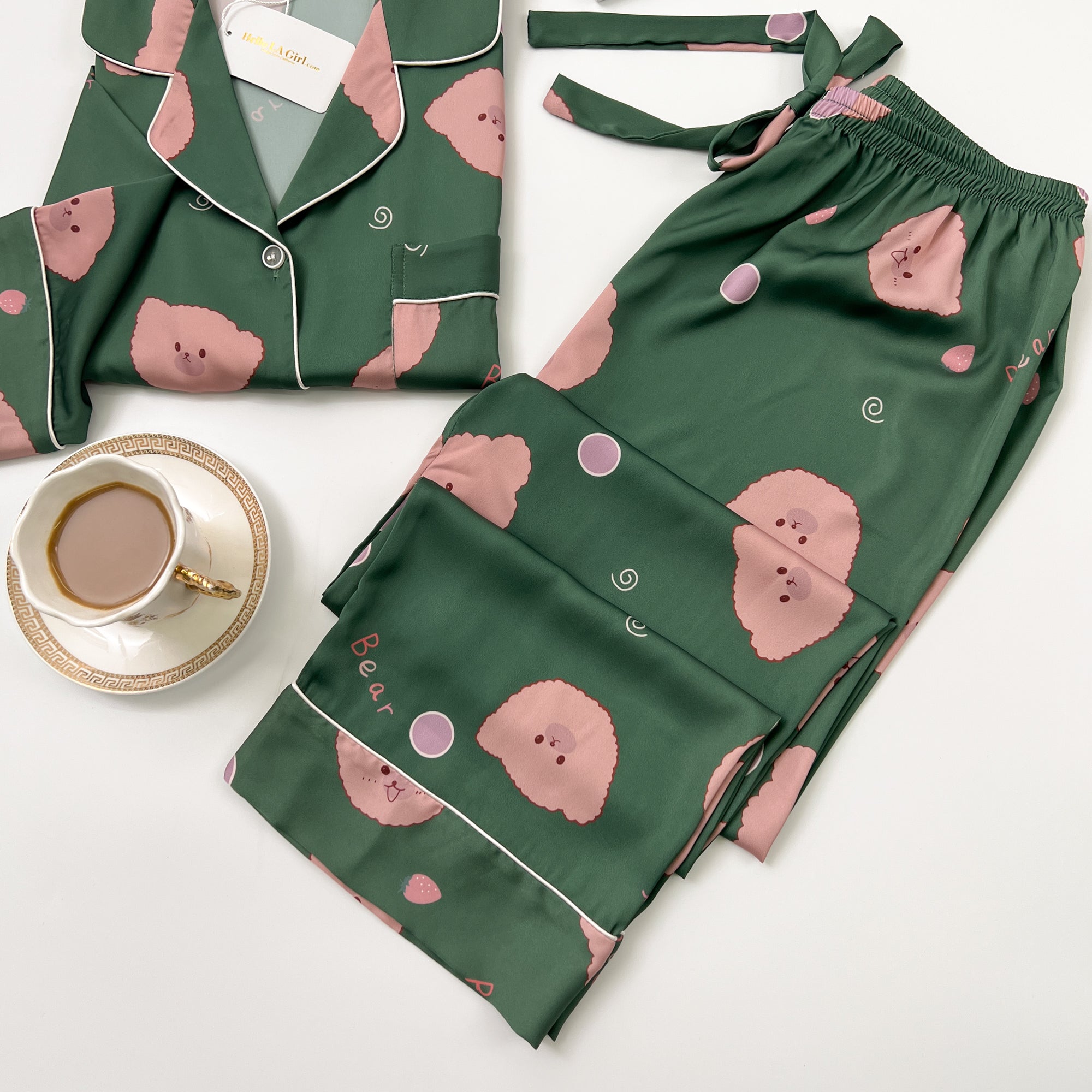 Green Bear Print Silky Satin Pajamas Set