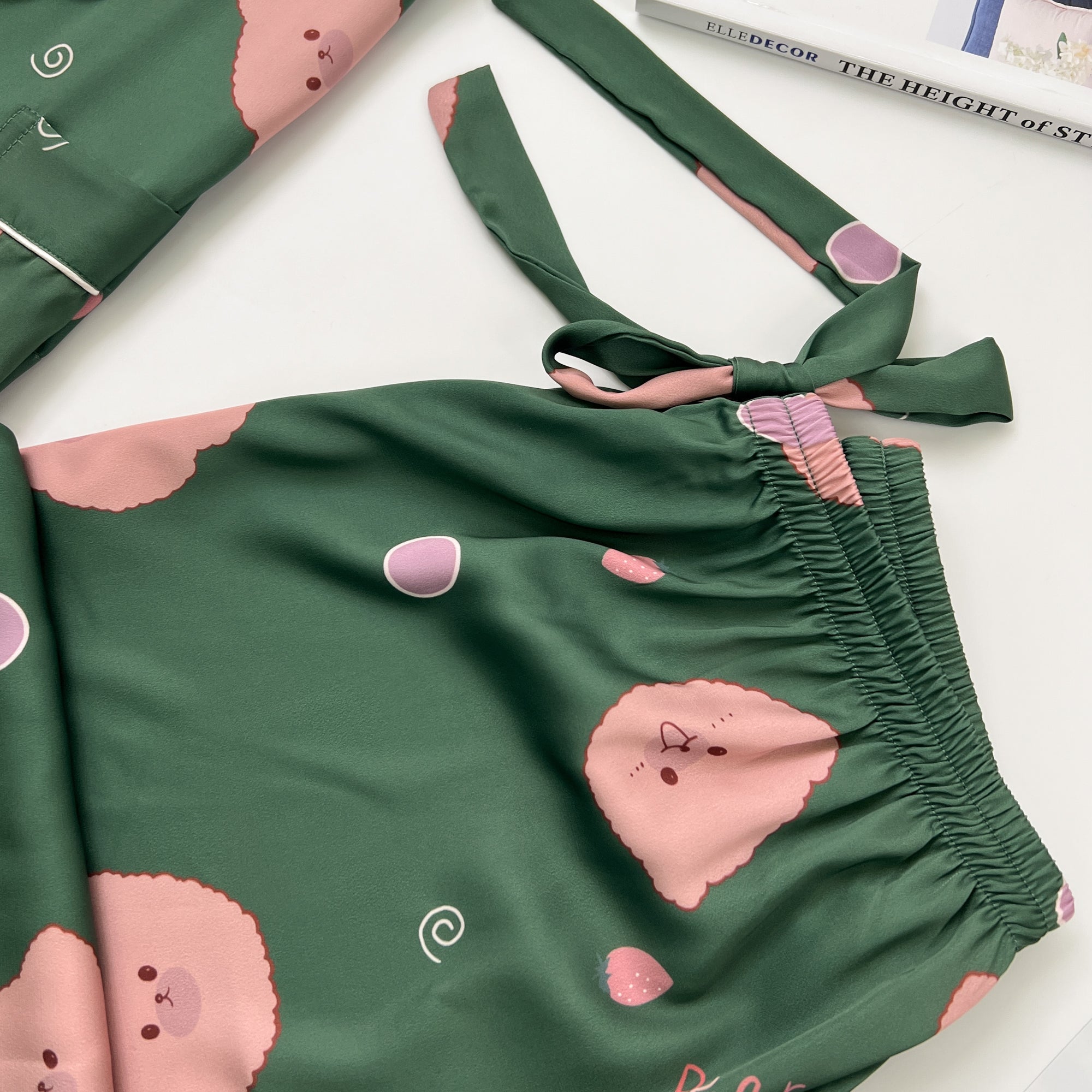 Green Bear Print Silky Satin Pajamas Set
