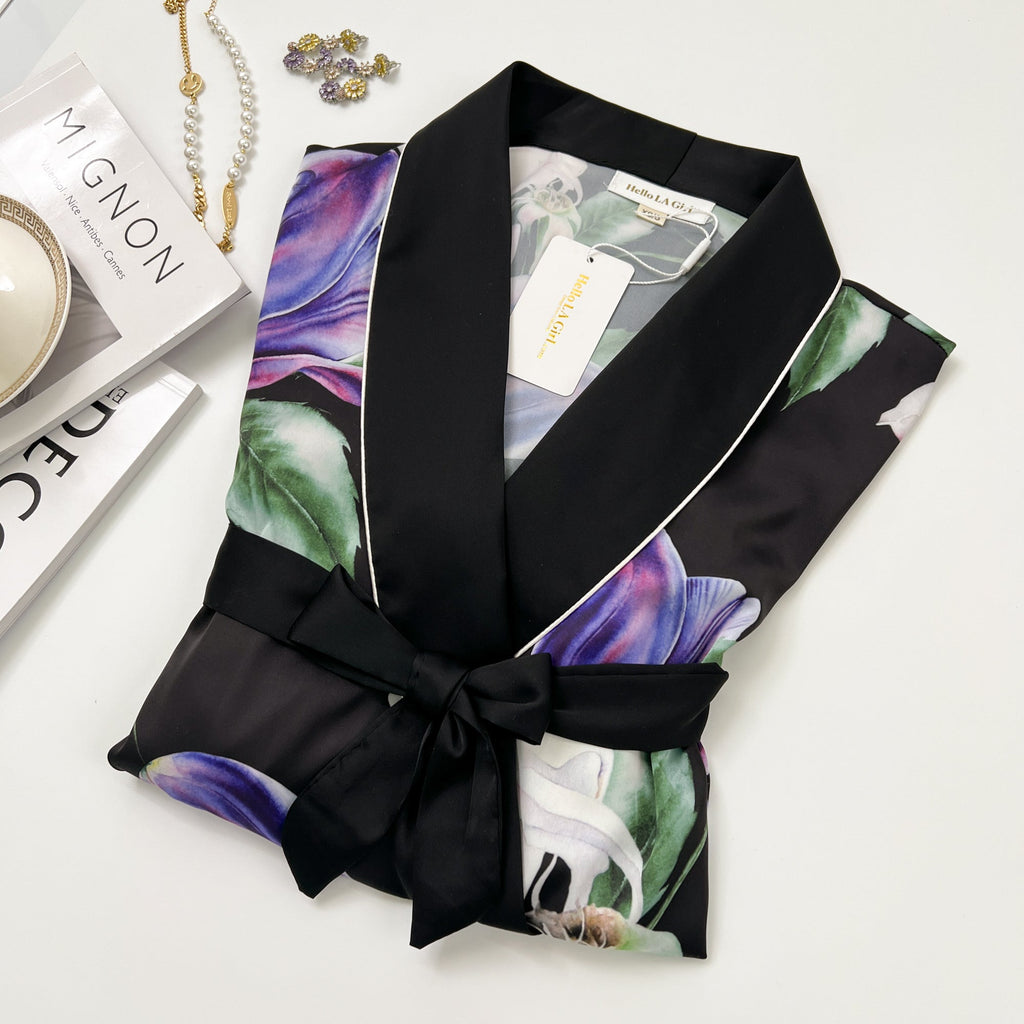 Purple Flower Print Silky Satin Robe With Belt
