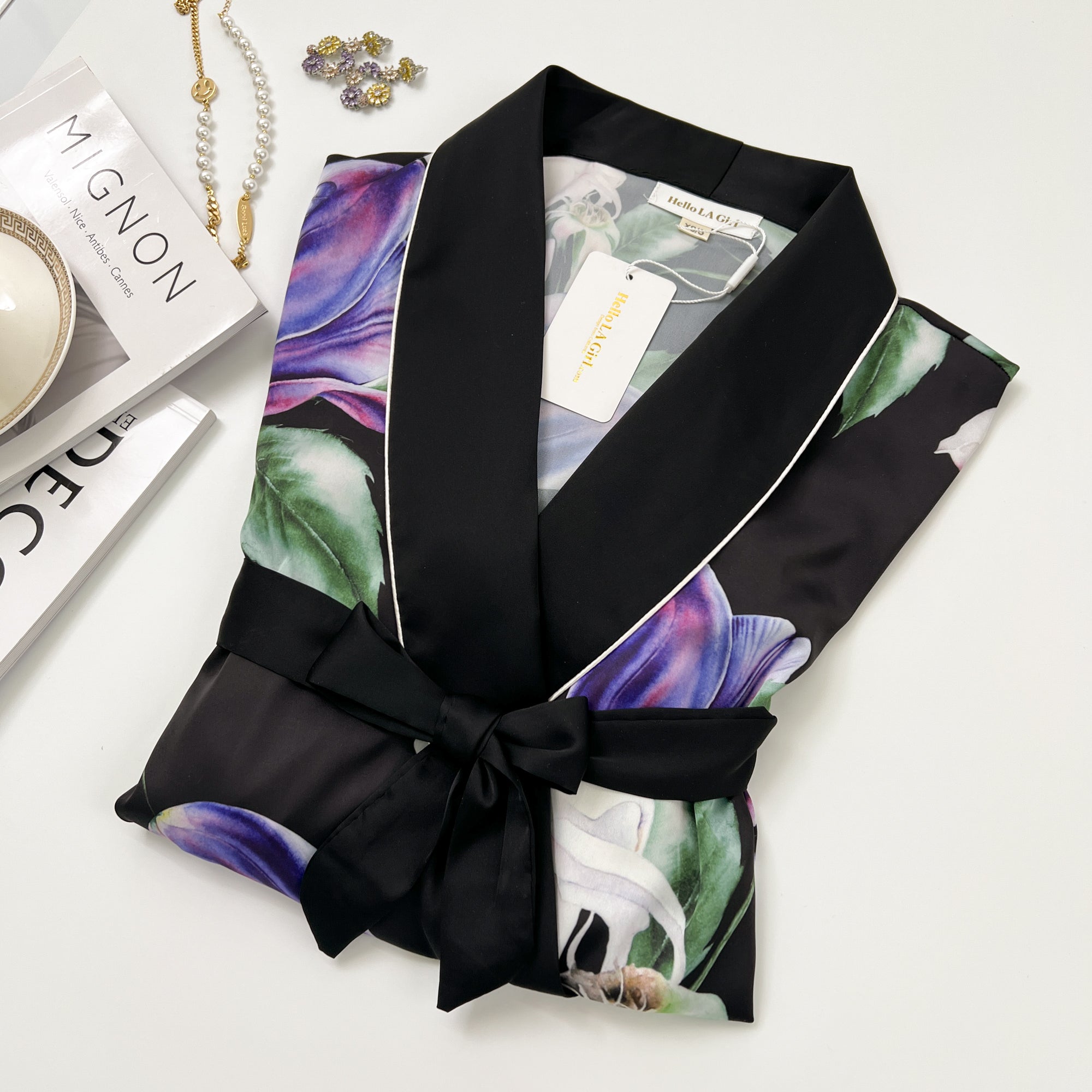 Purple Flower Print Silky Satin Robe With Belt