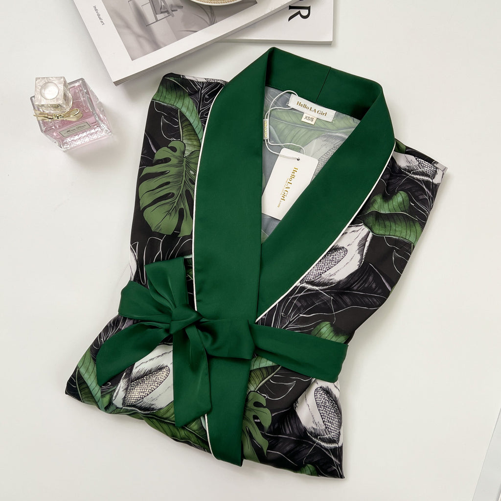 Tropical Print Green Silky Satin Robe With Belt