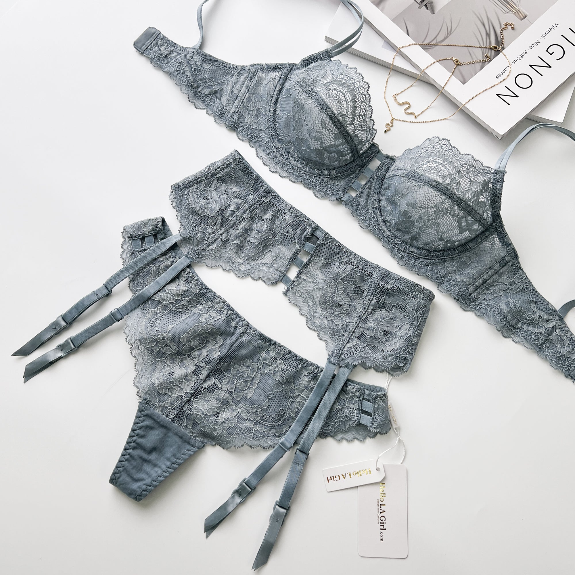 Green Floral Lace Trim Garter Belt Lingerie