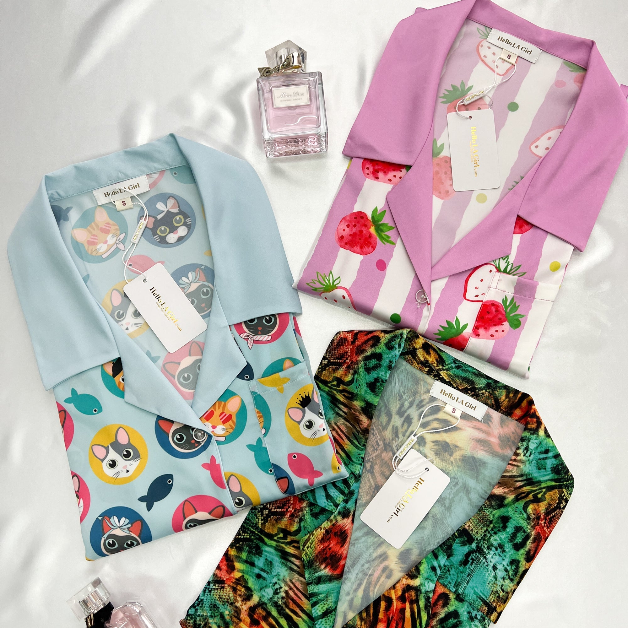 Cats Print Blue Sleep Shirt Silky Satin Pajamas Sleepshirt