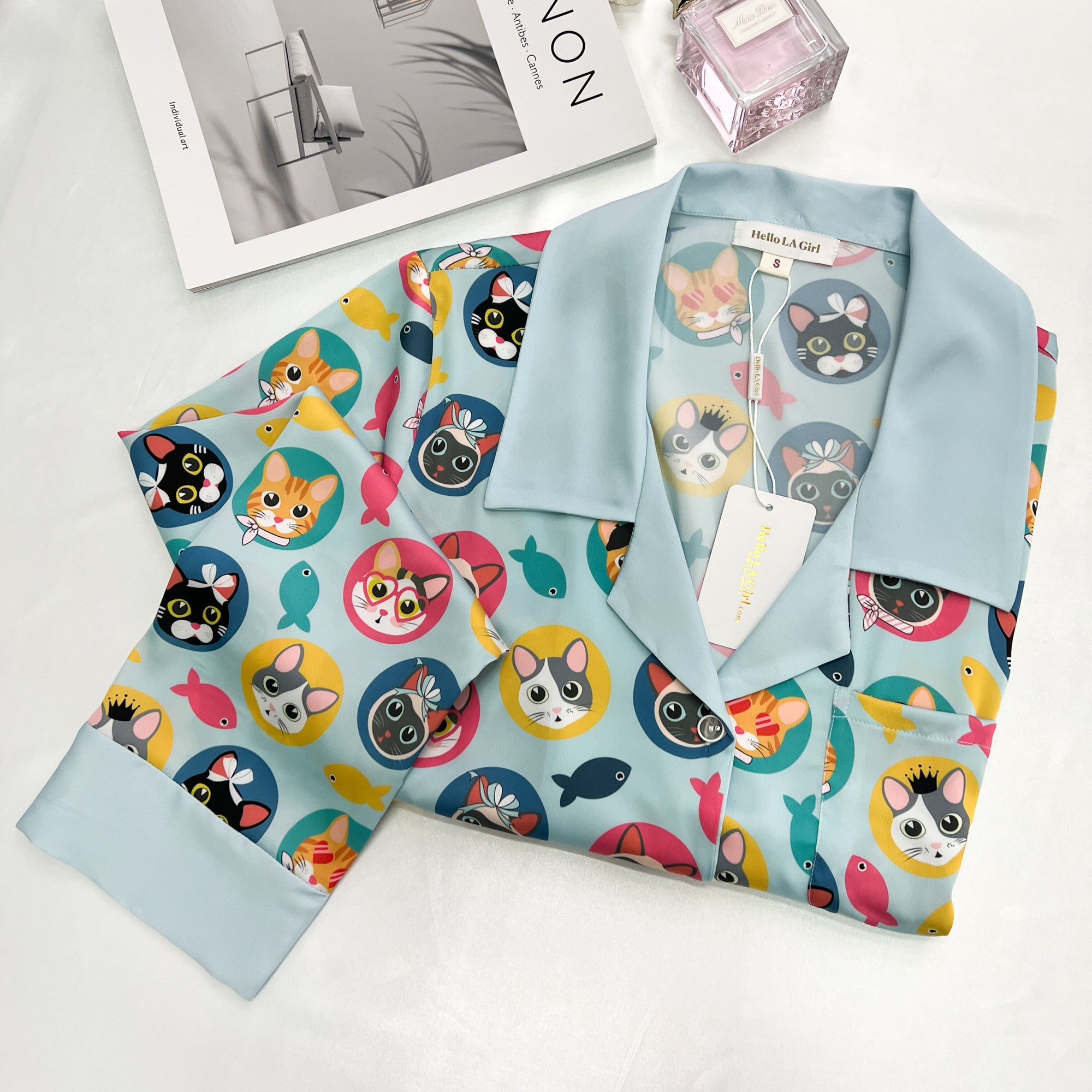 Cats Print Blue Sleep Shirt Silky Satin Pajamas Sleepshirt