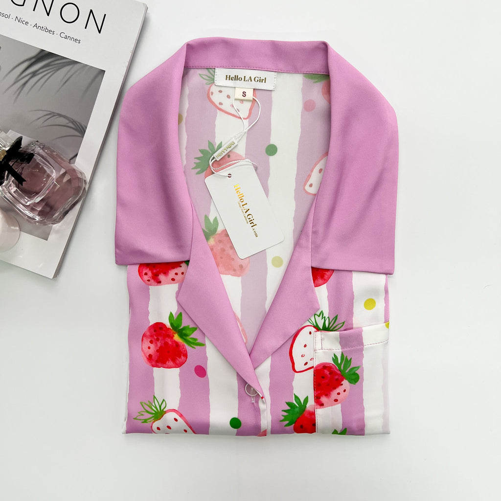 Strawberries Print Pink Stripes Sleep Shirt Silky Satin Pajamas Sleepshirt