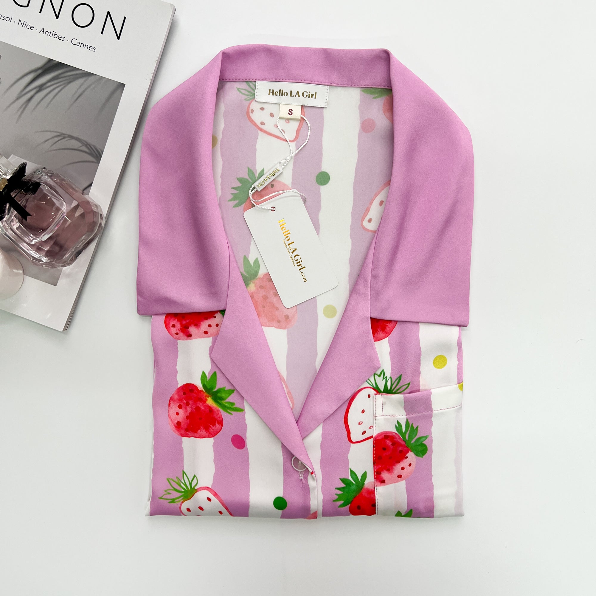 Strawberries Print Pink Stripes Sleep Shirt Silky Satin Pajamas Sleepshirt